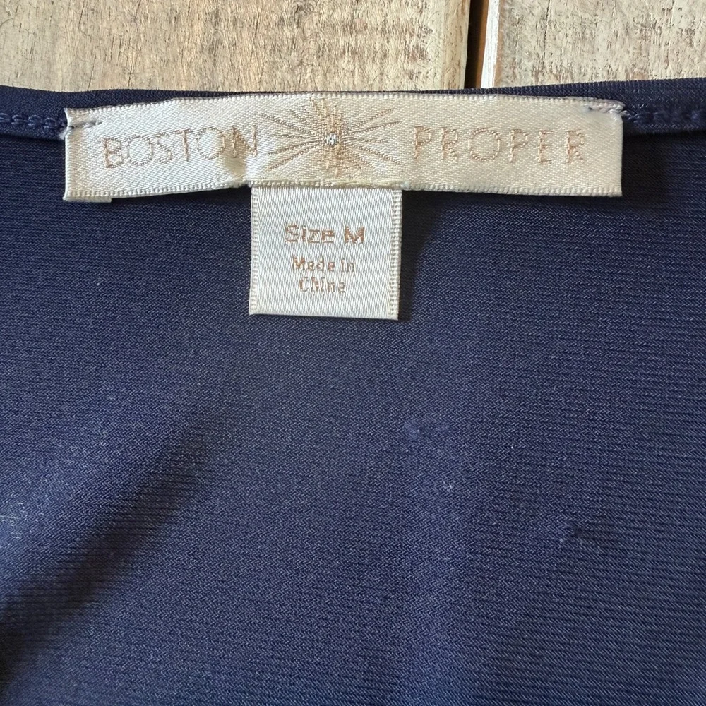 Boston Proper Navy Blue Maxi Dress 3/4 Sleeve Brown Croc Belted Ruched Size M - Picture 5 of 8